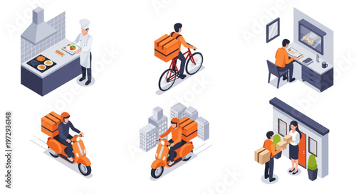Isometric vector illustration set of food delivery process featuring a chef cooking, customer ordering online, couriers on bicycle and scooter, and a doorstep delivery service.