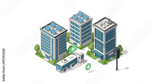 Isometric vector illustration showing sustainable urban architecture with solar panels on rooftops, electric bus at a charging station, city buildings, trees, and traffic light on white.