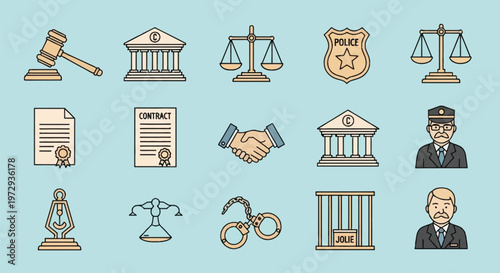 Law and justice line icons set featuring gavel, courthouse, scales of justice, police badge, legal contract, handshake, handcuffs, prison bars, and legal professional portraits.