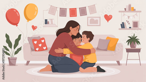 Vector family, mother, children, home, living room, love, hug, balloons, heart, cozy