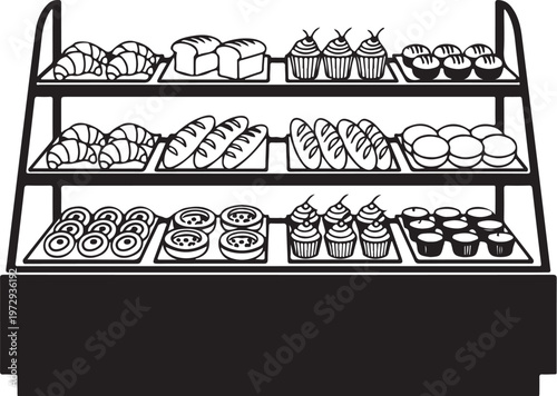 Black and white of bakery display case with various bread and pastries