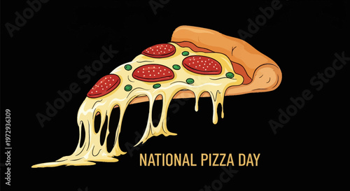 Illustration for National Pizza Day featuring a single slice of pepperoni pizza with melted cheese dripping down and green bell pepper toppings on a solid black background.