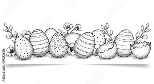 Panoramic vector illustration of hand-drawn Easter eggs with various patterns including stripes and dots, decorated with spring flowers and pussy willow branches on white background.