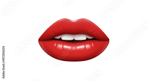 Realistic 3D illustration of a woman's open mouth featuring bright red glossy lips and white teeth, isolated on a plain white background for beauty and makeup concepts.
