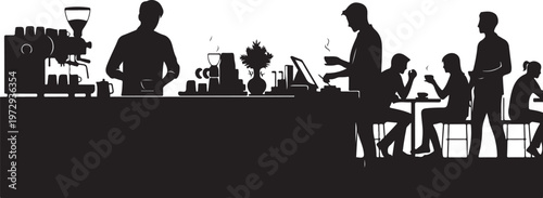 Black silhouette of people sitting and standing at coffee shop counter