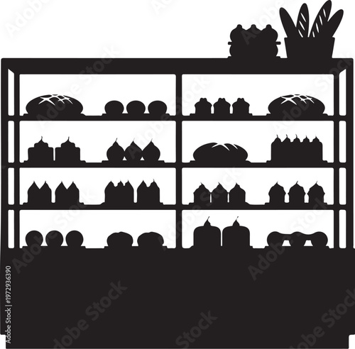 Black silhouette of bread and pastries on shelves bakery