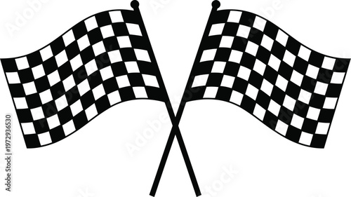 Crossed checkered racing flags vector illustration for competition start or finish line celebration.