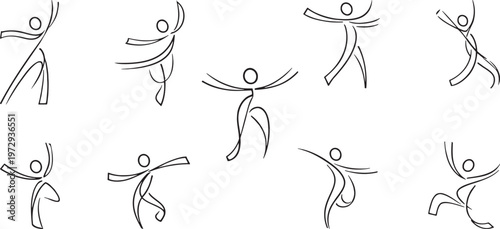 Abstract stick figure people dancing line icons set, minimal human poses motion outline collection