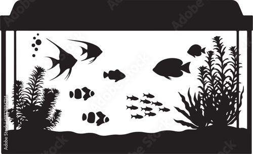 Black silhouette fish tank with various fish and plants