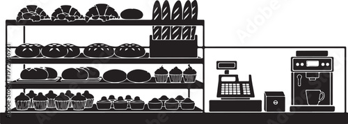 Black and white shoe store interior with cash register