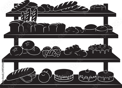 Black silhouette bakery shelf with various bread and cakes