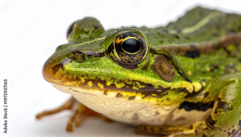 Fototapeta premium Close-up Macro Shot of a Green Frogs Head on White Background.