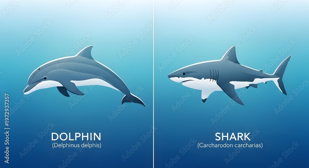 Fototapeta premium Comparison of a dolphin and a great white shark