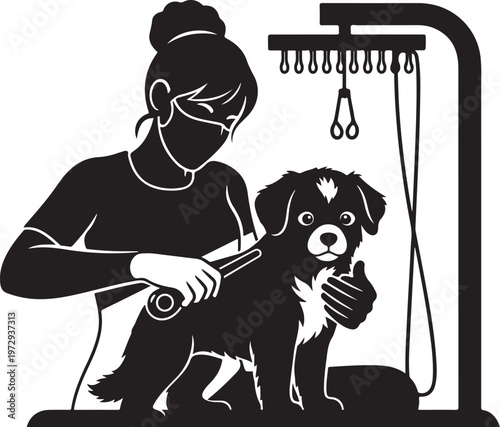 Woman grooming black and white puppy with clippers
