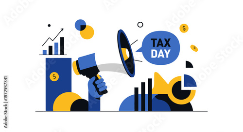 Illustration of a megaphone announcing Tax Day with financial charts and graphs in the background, symbolizing financial planning and economic activity.