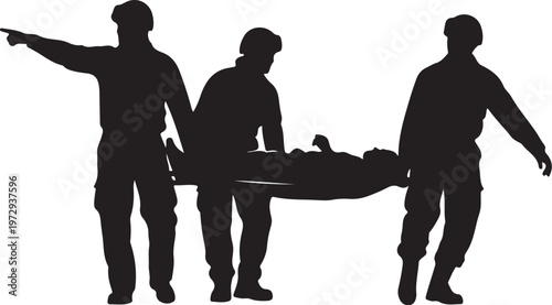 Black silhouettes of three men carrying a stretcher with a person