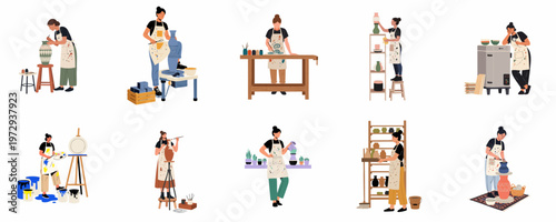 Collection of flat vector illustrations of women artists and artisans engaged in pottery, ceramic making, and painting, isolated on white.