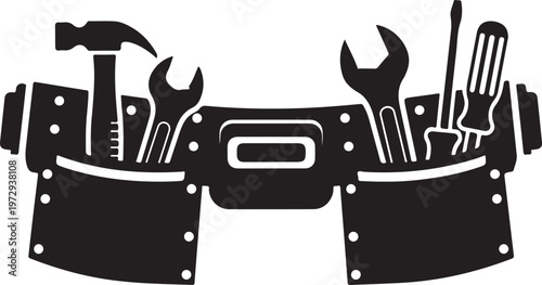 Black tool belt with tools white background hammer
