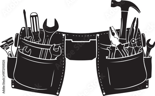 Black leather tool belt with tools white background