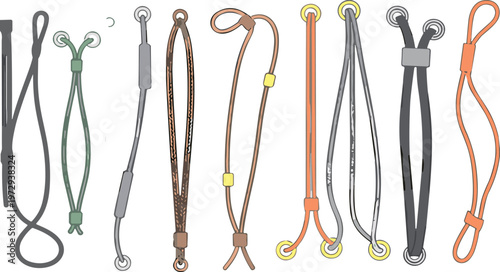 Equestrian reins, leather straps, rope reins, synthetic tack, horse riding equipment, adjustable hardware, decorative stitching, equine gear illustration