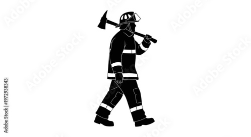 Firefighter Silhouette Walking with Axe, Safety Gear, Professional Hero