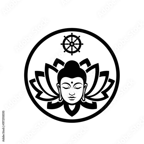 Buddha Lotus Dharma Wheel Badge Black Minimal Vector Logo