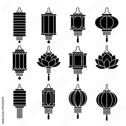 Vesak Lantern Set Black Silhouette Festival Icon Pack Vector