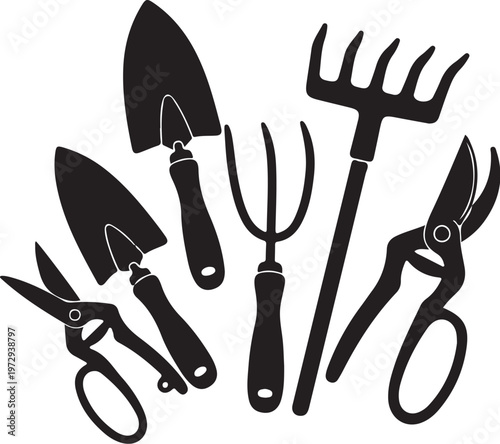 Black silhouette gardening tools on white background 1