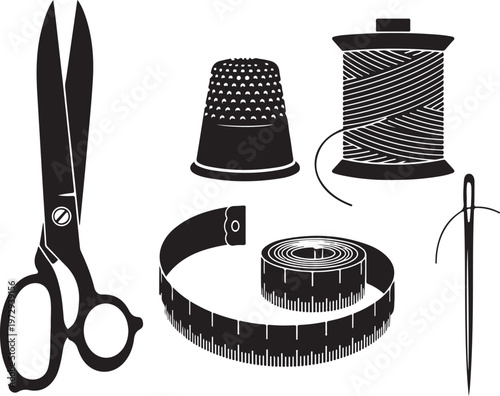 Black and white sewing tools scissors thimble thread