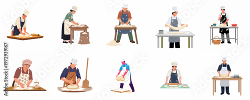 Diverse professional bakers and pastry chefs kneading and stretching dough in a vector illustration set on white background.