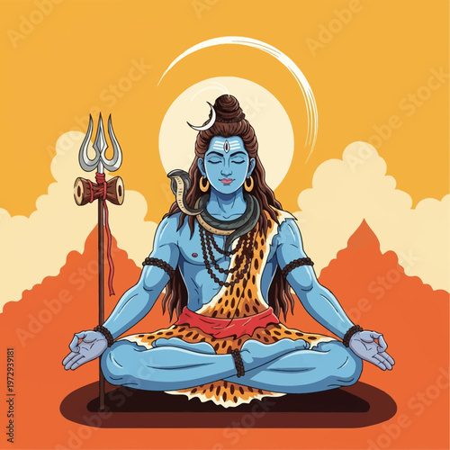 Vector illustration of Hindu God Shiva meditating in padmasana with blue skin, third eye, crescent moon, and cobra, holding a trishula with damaru against orange mountains.