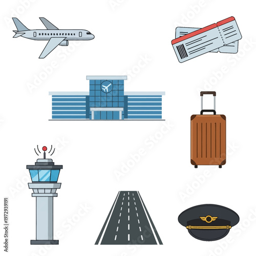 Flat vector aviation icon set featuring a commercial airplane, airport terminal, boarding passes, rolling suitcase, air traffic control tower, runway, and a pilot uniform hat.