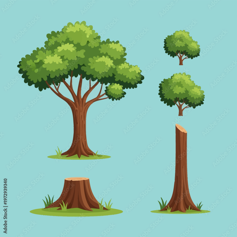 Fototapeta premium Vector cartoon style tree set with a large deciduous green tree, two small bushes, a short tree stump, and a tall trunk segment, isolated on a light blue background for game assets.