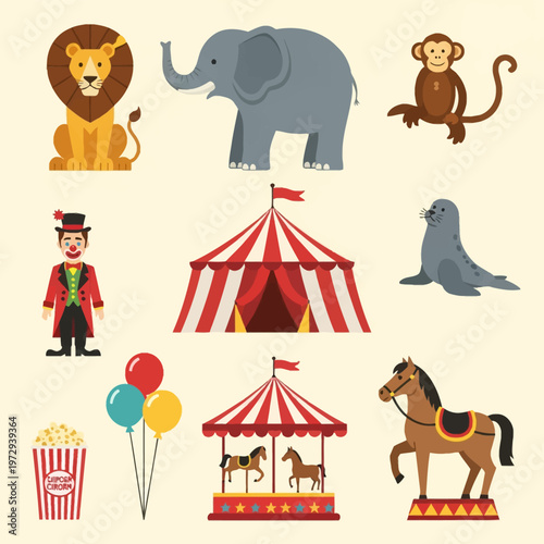 Flat vector circus illustration including a lion, elephant, monkey, ringmaster clown, red and white striped tent, seal, popcorn bucket, balloons, carousel, and a performing horse.