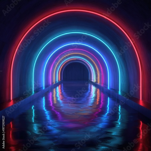 Vibrant Neon Tunnel with Reflective Water and Futuristic Arches.