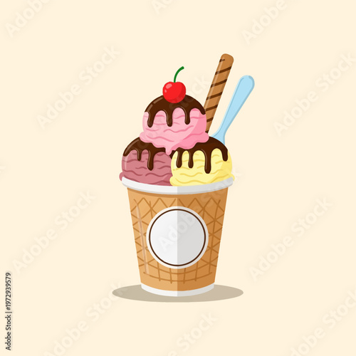 Vector illustration of a three-scoop ice cream sundae in a waffle-patterned paper cup, featuring chocolate syrup drizzle, a red cherry topper, a striped wafer roll, and a blue spoon.