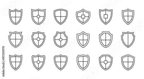 Set of 18 black line art shield icons on white background featuring various heraldic shapes, heater shields, and crests with internal divisions like crosses, circles, and squares.