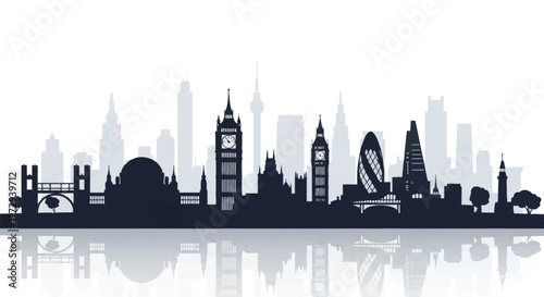 Silhouette of London England city skyline including Big Ben, Tower Bridge, St Pauls Cathedral, the Gherkin, and modern skyscrapers with water reflection on white background.