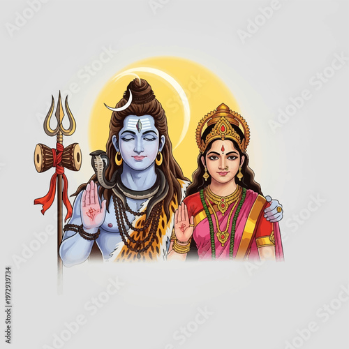 Detailed vector illustration of Lord Shiva and Goddess Parvati standing together, featuring Shiva with a trishula and snake, and Mata Parvati in a red saree and gold jewelry.