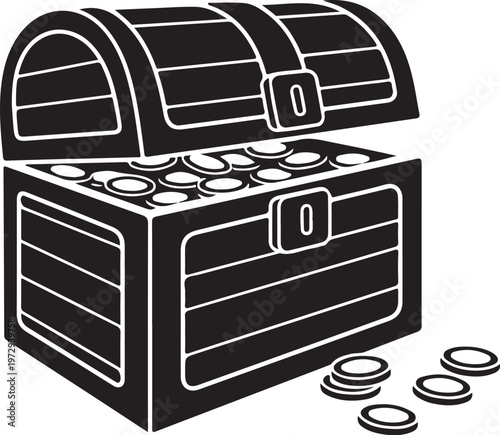 Black and white treasure chest with coins money wealth