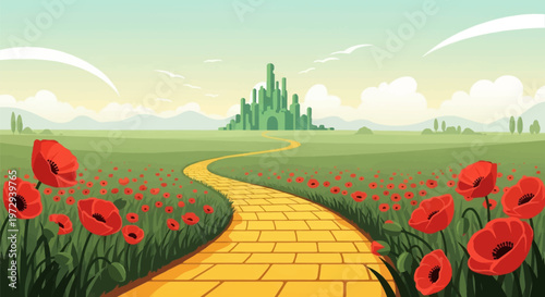 Modern flat design vector illustration featuring a winding yellow brick road path leading through a field of red poppy flowers toward a green emerald city with tall spires.