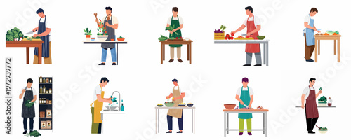 Collection of diverse men in aprons preparing food, chopping vegetables, making salads, and washing greens, reflecting a healthy lifestyle and home cooking hobby.