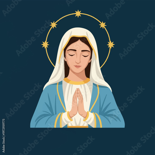 Vector illustration of the Virgin Mary in prayer with closed eyes and folded hands, wearing a white veil and blue robe with a golden star halo on a dark blue background.
