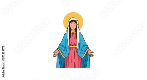 Flat vector illustration of the Virgin Mary, Mother of Jesus, wearing a blue mantle, pink gown, and white veil with a golden halo, standing with open arms on a white background.