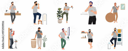 A collection of illustrations featuring men practicing beard care routines, using oils, serums, and grooming tools in various home settings.