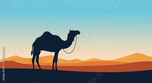 Flat vector silhouette of a single hump dromedary camel standing in a vast desert landscape with rolling sand dunes under a clear gradient sky during sunset or sunrise.