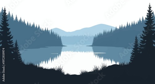 Minimalist blue landscape illustration featuring a dense coniferous pine forest surrounding a calm lake with mountain silhouettes in the background and reflections on water.