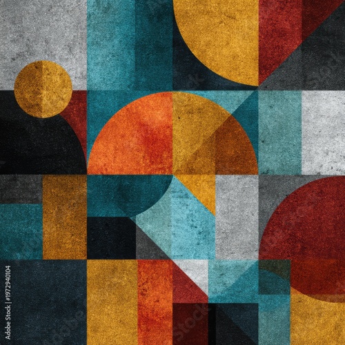 Geometric Abstract Art with Circles and Rectangles in Warm and Cool Tones.