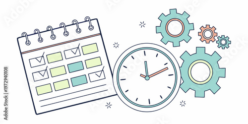 A colorful illustration of a calendar, clock, and gears on a, representing organization and time management