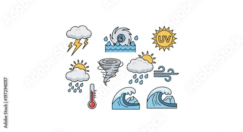 Set of meteorological vector icons featuring lightning storm, hurricane vortex, UV index sun, rain clouds, tornado funnel, wind breeze, hot thermometer, and tsunami waves on white.